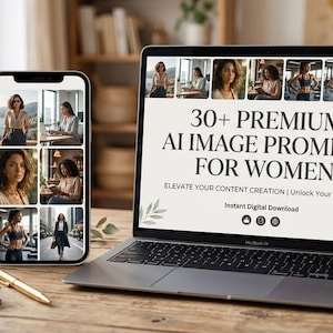 以下が含まれることがあります： ノートパソコンとスマートフォンに「30+ Premium AI Image Prompts for Women」というデジタル商品が表示されています。画面には様々なポートレートのグリッドと、「Elevate Your Content Creation」「Unlock Your Creativity」というテキストが記載されています。