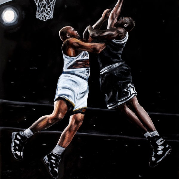 Peinture à l'huile originale signée faite à la main. 28 x 20 po. Joueurs de basket. Slam dunk