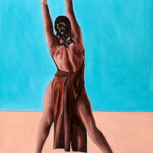 May include: An oil painting depicting a dancer in a dark brown dress with a high slit, arms raised above the head, wearing metallic wrist cuffs and heeled shoes. The figure is positioned against a bright blue upper background and a tan lower floor.