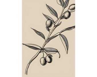 Olive Branch Line Art Print, Minimalist Botanical Wall Art, Mediterranean Line Drawing Poster, Neutral Leaf Print, Boho Kitchen Decor