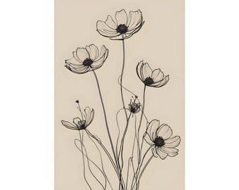 Cosmos Flower Line Art Print, Minimalist Botanical Wall Art, Wildflower Line Drawing Poster, Modern Neutral Floral Print, Boho Decor