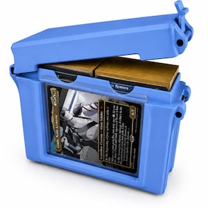 May include: A bright blue plastic deck box with a hinged lid, featuring a clear front display window holding a trading card titled Gonti, Noble Archivist. The interior contains two stacks of cards with gold-colored edges visible inside the container.