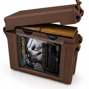 May include: A brown plastic deck box with a hinged lid, featuring a clear front display window holding a Gonti, Cabel Archfiend trading card. The interior contains two stacks of cards with gold-colored edges visible at the top of the container.