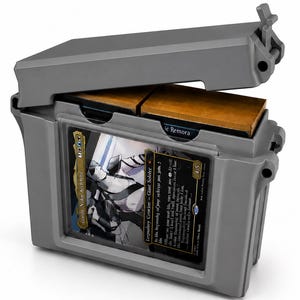 May include: A gray plastic storage case with a hinged lid, designed to hold trading cards. The front features a clear display window showcasing a card titled Gorlin, Nokie Aeteterist, while the interior contains two brown card decks.