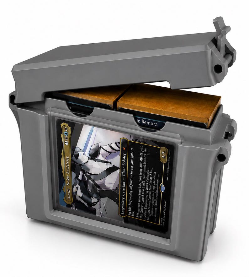 May include: A gray plastic storage case with a hinged lid, designed to hold trading cards. The front features a clear display window showcasing a card titled Gorlin, Nokie Aeteterist, while the interior contains two brown card decks.