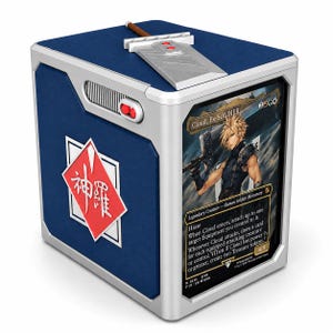 May include: A blue and silver rectangular deck box featuring a Shinra logo on the side, a silver sword emblem on the top, and a Cloud, Ex-SOLDIER trading card displayed in a clear front frame. The box has metallic silver edges and red accents.