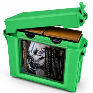 May include: A bright green plastic deck box with a hinged lid, featuring a clear front window displaying a Magic: The Gathering card titled Goro-Goro, Disciple of Ryusei. The box contains two internal compartments holding stacks of trading cards.