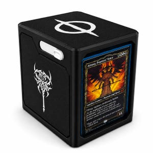 May include: A black rectangular trading card deck box featuring a white Phyrexian symbol on the top and a white graphic emblem on the side. The front panel displays a Magic: The Gathering card titled Atraxa, Praetors' Voice in a clear sleeve.