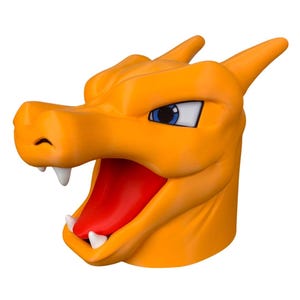 May include: An orange dragon-like creature head figurine with a wide-open mouth, a bright red tongue, and sharp white teeth. The creature has prominent horns, a long snout, and blue eyes with black pupils, rendered in a smooth, moulded plastic finish.
