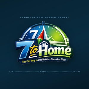 Op de afbeelding: Een digitale afbeelding voor het spel 7 to Home, een beslissingsspel voor gezinsverhuizingen. Het logo bevat een kompasontwerp met de tekst 7 to Home, de slogan The Fair Way to Decide Where Home Goes Next en de woorden PICK, DRAW, DECIDE.