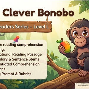 Könnte beinhalten: Ein Leseverständnis-Set mit dem Titel The Clever Bonobo Wild Readers Series - Level L, das einen Bonobo mit einer Mango auf einem Ast zeigt. Der Text listet Bestandteile wie einen Sachtext, Vokabeln, Fragen und Bewertungsraster auf.