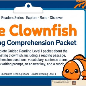 Può includere: Una grafica a forma di appunti bianca su sfondo blu scuro con illustrazioni di corallo. Il testo recita: Wild Readers Series, The Clownfish Reading Comprehension Packet, e dettagli sul contenuto. Un pesce pagliaccio è nell'angolo in basso a destra.