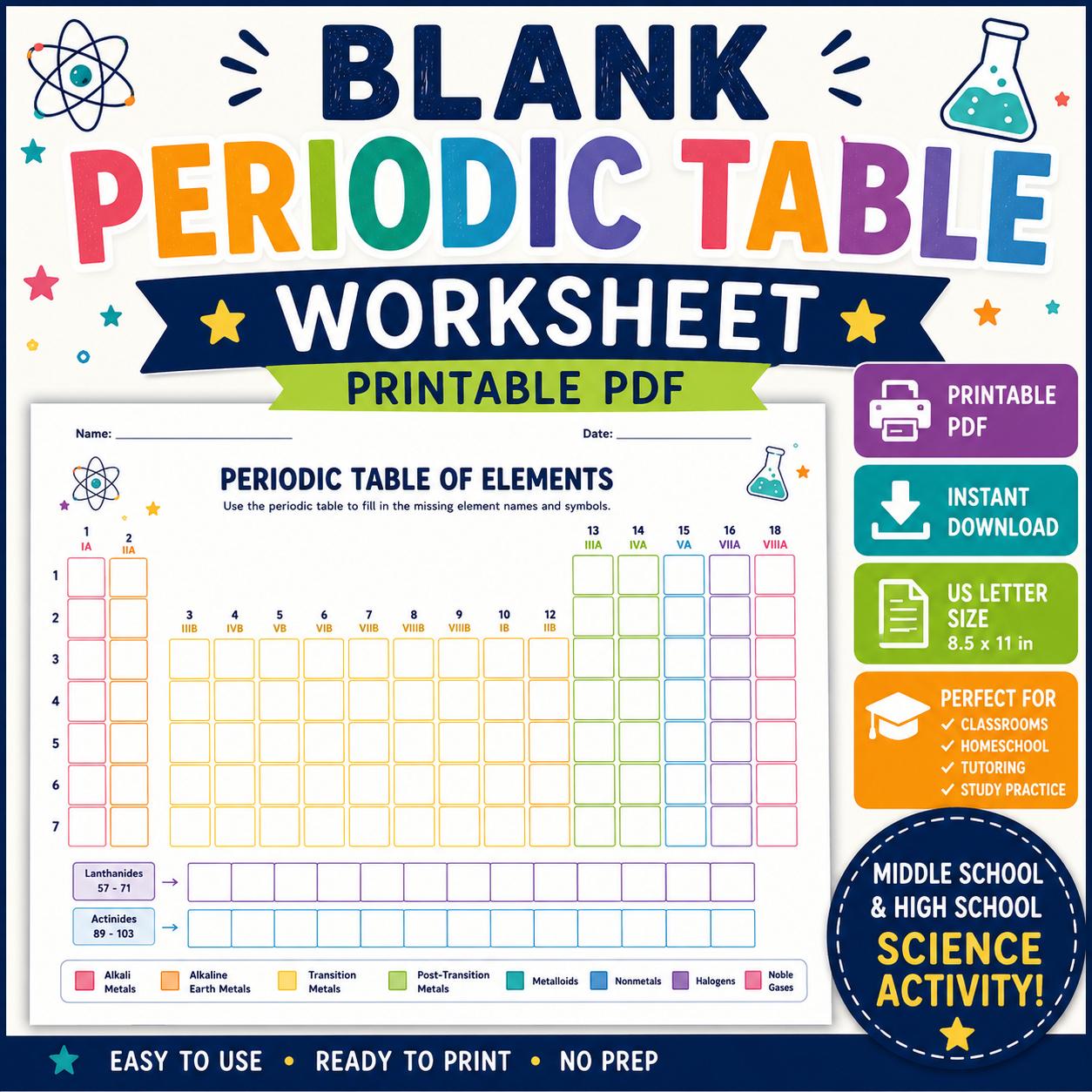 Blank Periodic Table of Elements Worksheet Chemistry Practice Activity Printable Science PDF