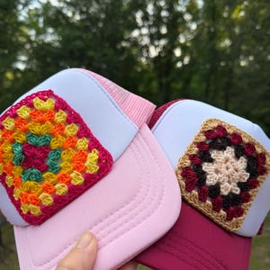 Crochet Granny Square Trucker Hat Handmade Retro Boho Cap Colorful Patch Hat Festival Fashion Unique Gift For Her
