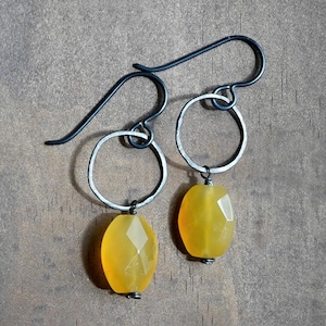 Yellow Chalcedony Earrings • Hypoallergenic Niobium + Oxidized Sterling Silver • Geometric Gemstone Dangles • Handmade Artisan Gift for Her