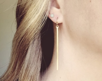 Long Gold Bar Drop Earrings • Minimalist Stick Dangle Earrings • Geometric Jewelry