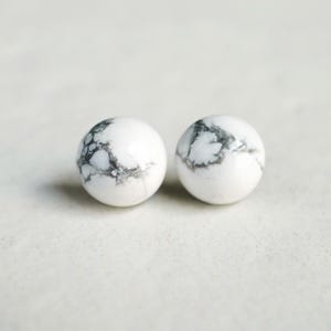 8mm Howlite Stud Earrings • White Marble Gemstone Earrings • Hypoallergenic Surgical Steel Posts • White Turquoise Minimalist Jewelry