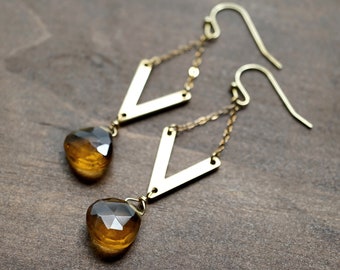 Long Golden Quartz Teardrop Earrings • 14k Gold Filled Gemstone Jewelry • Geometric Raw Brass Dangles • Lightweight Modern Gift for Her