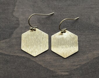 Gold Hexagon Earrings • Geometric Raw Brass Dangles • 14k Gold Filled Earring Hooks • Modern Lightweight Jewelry Gift for Her