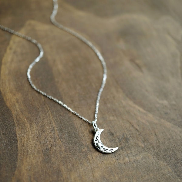 Sterling Silver Crescent Moon Necklace, Dainty Minimalist Moon and Star Necklace, Moon Phase Jewelry, Gift for Her