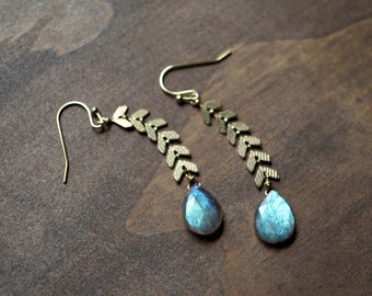 Labradorite Faceted Teardrop Gemstone and Gold Arrow Chevron Drop Earrings, Long Boho Dangle Earrings, Handmade Jewelry, Gift for Her