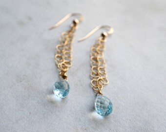 Blue Topaz Faceted Teardrop Briolette Gemstone Earrings, 14K Gold Filled Chain Dangle Earrings, Handmade Jewelry, Gift for Her