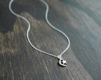 Sterling Silver Moon and Star Necklace, Tiny Crescent Moon Necklace, Silver Moon Necklace, Moon Jewelry, Gift for Her, 16 Inches