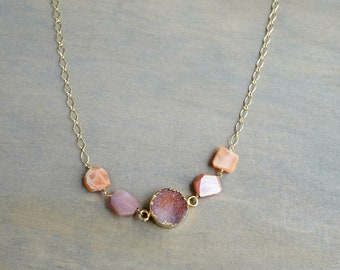 Fire Opal Druzy Necklace in 14k Gold Filled, Gold Opal Necklace, October Birthstone Opal Jewelry, Handmade Gemstone Jewelry, Gift for Her