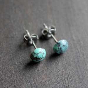 Turquoise Stud Earrings, Surgical Stainless Steel Hypoallergenic Stud Earrings, Tiny Turquoise Studs, Turquoise Gemstone Jewelry, 6mm, 1/4in image 6