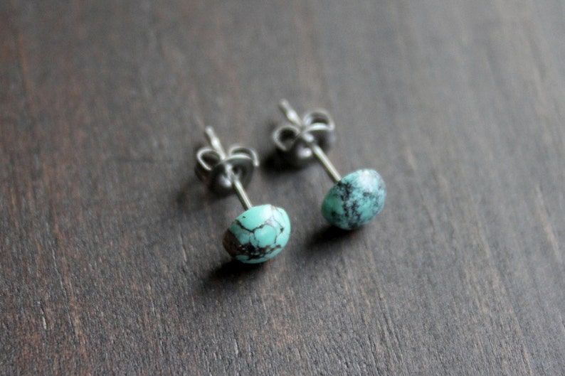 Turquoise Stud Earrings, Surgical Stainless Steel Hypoallergenic Stud Earrings, Tiny Turquoise Studs, Turquoise Gemstone Jewelry, 6mm, 1/4in image 6