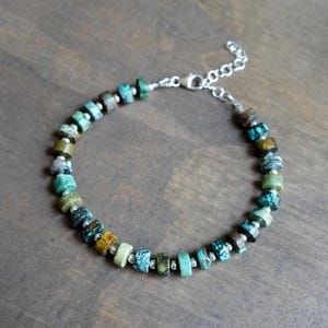 Turquoise Heishi Gemstone Bracelet • Sterling Silver Adjustable Bracelet • Handmade Stacking Minimalist Jewelry • Boho Gift for Her or Him