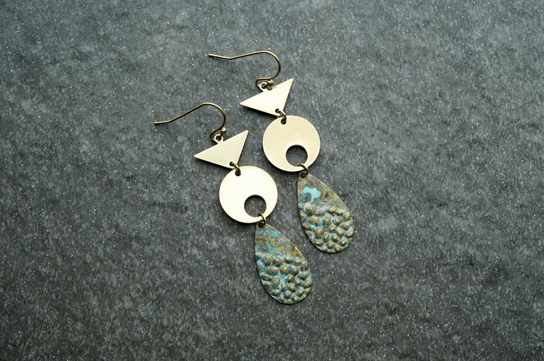Gold Geometric Patina Drop Earrings, Long Boho Bohemian Jewelry, Circle Earrings, Handmade Jewelry, Gift for Her image 7