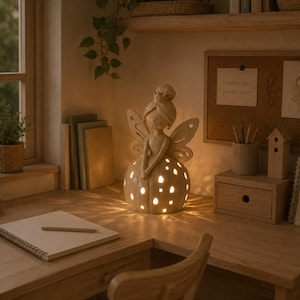 Puede incluir: Una lámpara de hada de cerámica color crema con una figura de alas y peinado de moño, sentada sobre una base redondeada con formas recortadas que emiten una luz cálida y brillante sobre la superficie del escritorio de madera.