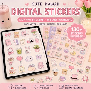 Puede incluir: Un conjunto de pegatinas digitales con más de 130 archivos PNG que incluyen ilustraciones en tonos pastel rosa y morado de osos, conejos, flores, cámaras y portátiles, mostrados en una pantalla de tableta y en hojas impresas con texto.