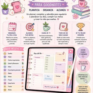 Puede incluir: Un planificador digital para Goodnotes con una ilustración de un conejo blanco, una tableta mostrando un horario diario e iconos. El texto incluye PLANNER DIGITAL, PLANIFICA, ORGANIZA, ALCANZA y listas de funciones como Sueños, Viajes y Metas.