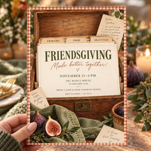 May include: A wooden recipe box containing index cards with the text FRIENDSGIVING Made better together. NOVEMBER 21 6 PM THE MAPLE HOUSE 18 ORCHARD LANE BRING A DISH & YOUR FAVORITE PEOPLE RSVP TO EMMA 555-0123. The box features dividers labeled FRIENDS, FOOD, GRATITUDE.