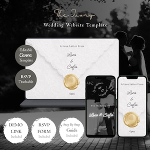 May include: A digital wedding website template titled The Ivory featuring a laptop and two smartphones displaying a white envelope graphic with a gold wax seal, the names Luca & Sofia, and text including Editable Canva Template and RSVP Trackable.
