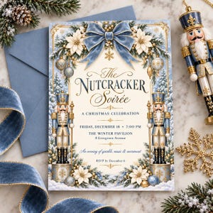 Könnte beinhalten: Eine rechteckige Einladungskarte mit dem Titel The Nutcracker Soirée, verziert mit einer blauen Samtschleife, weißen Weihnachtssternen und zwei Nussknacker-Figuren. Der Text enthält Details für eine Weihnachtsfeier am Freitag, 18. Dezember, um 19:00 Uhr.