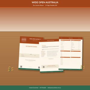 May include: A 54-page printable PDF caravan planner titled WIDE OPEN AUSTRALIA. The document features a cream-coloured background with burnt orange and dark green accents, including sections for trip overviews, checklists, and QR codes.