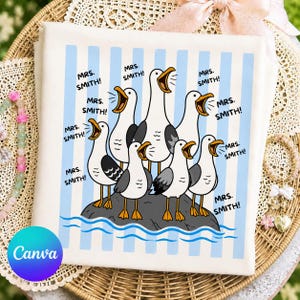 Editable Teacher Name Canva Template, Bulk Change Text Design, Funny Seagull Teacher, Personalized Teacher Team Squad, Free Canva Needed