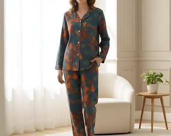 Abstract Print Pyjama Set for Women, Long Sleeve Button Up Top and Pants, Cotton Sleepwear, Cozy Loungewear Gift