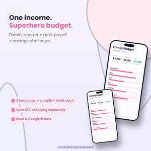 Puede incluir: Una plantilla de planificador de presupuesto familiar digital para Excel y Google Sheets. El texto dice: One income. Superhero budget. Family budget + debt payoff + savings challenge. 3 templates — sample + blank each. Save 33% vs buying separately.