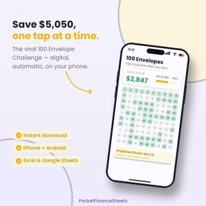 Hoja de cálculo del reto de los 100 sobres: Rastreador del reto de ahorro digital, ahorra 5050 en tu teléfono, plantilla para Google Sheets y Excel.
