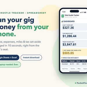 Kalkylblad för Side Hustle Tracker för mobil – Gig-inkomster, utgifter och körsträcka (Google Sheets, Excel)