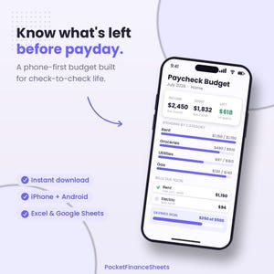 Può includere: Uno smartphone che mostra un'interfaccia di app per il budget con dati su entrate, uscite e risparmi. Il testo recita: Know what's left before payday. A phone-first budget built for check-to-check life. Instant download, iPhone + Android, Excel & Google Sheets.
