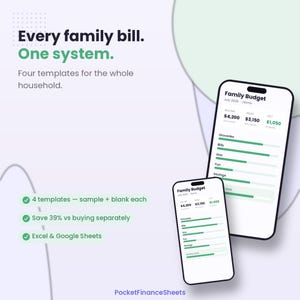 Puede incluir: Dos teléfonos inteligentes muestran una interfaz de presupuesto familiar digital con barras de progreso verdes para categorías como comestibles, facturas y gasolina. Texto: Every family bill. One system. Four templates for the whole household. 4 templates - sample + blank each. Save 39% vs buying separately. Excel & Google Sheets. PocketFinanceSheets.