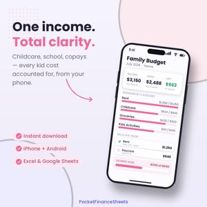 May include: A smartphone displaying a Family Budget app interface with income, spending, and savings goal data. Text on the screen includes One income. Total clarity. Childcare, school, copays, Instant download, iPhone + Android, and Excel & Google Sheets.