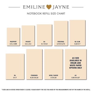 Size chart showing eight available traveler's notebook insert sizes from Emiline & Jayne including Standard/Regular, Cahier/Wide, B6, B6 Slim, A6, Personal, Pocket, and Passport with dimensions listed for each. Physical paper insert only, binder and accessories not included. Planner insert is made in the USA by Emiline & Jayne.