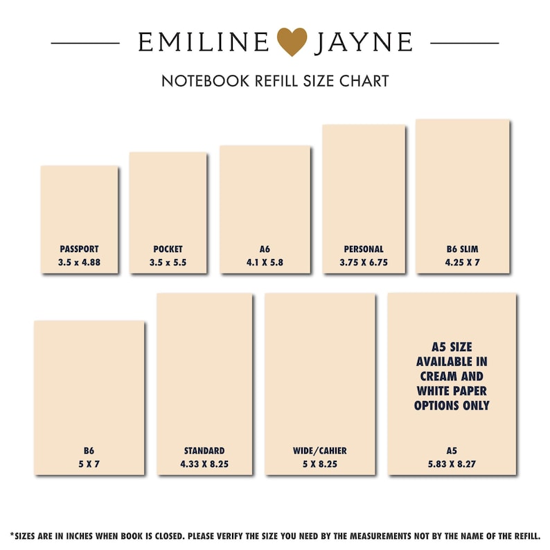 Size chart showing eight available traveler's notebook insert sizes from Emiline & Jayne including Standard/Regular, Cahier/Wide, B6, B6 Slim, A6, Personal, Pocket, and Passport with dimensions listed for each. Physical paper insert only, binder and accessories not included. Planner insert is made in the USA by Emiline & Jayne.