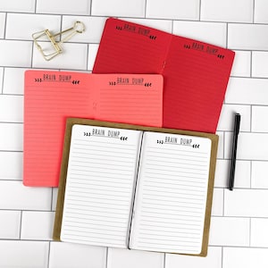 May include: Three open notebooks with lined pages and the text BRAIN DUMP printed at the top of each page. One notebook is red, one is coral, and one has a tan cover with white pages. A gold metal binder clip and a black pen are included.